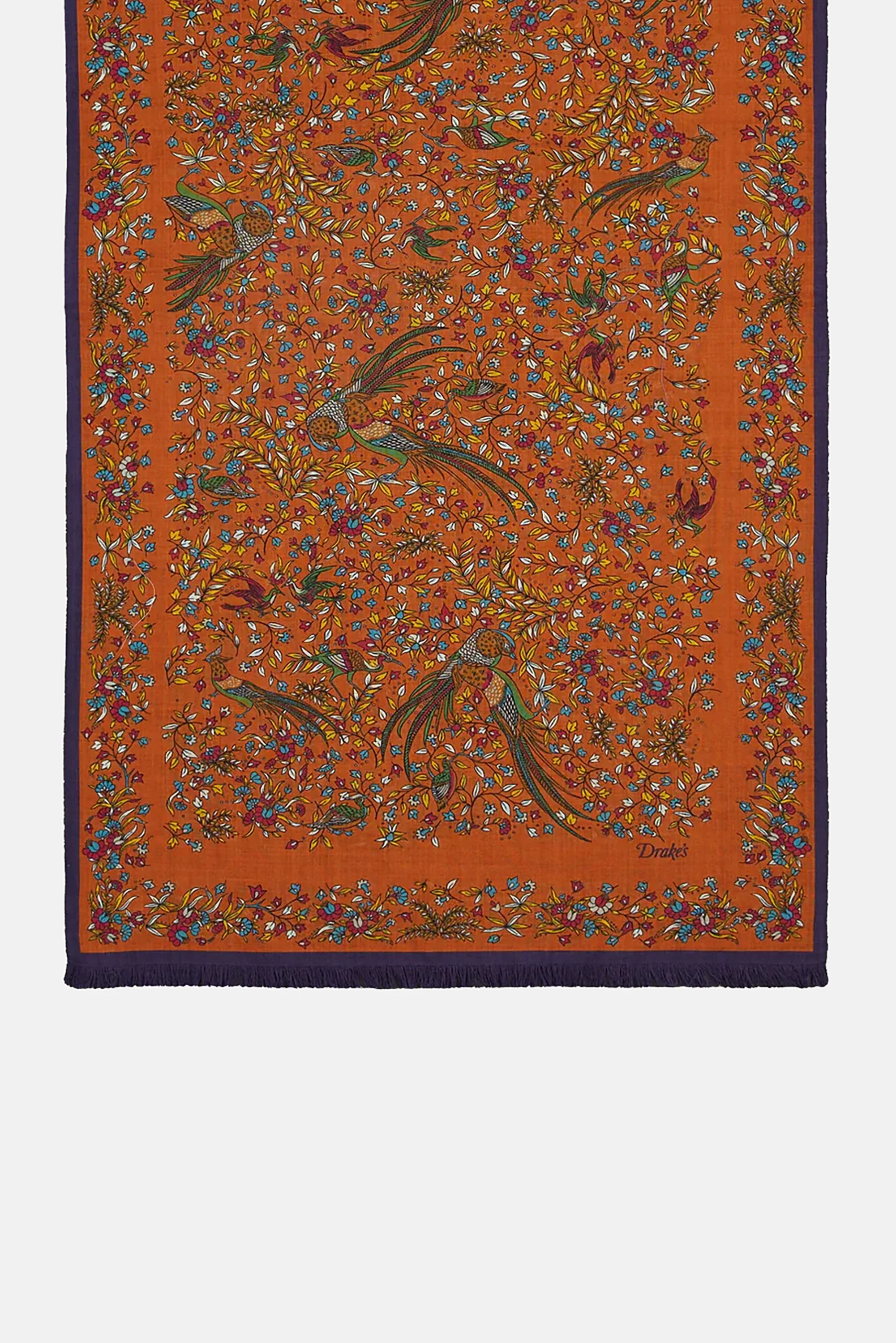 Orange Birds of Paradise Print Tubular Wool Silk Scarf - Image 3