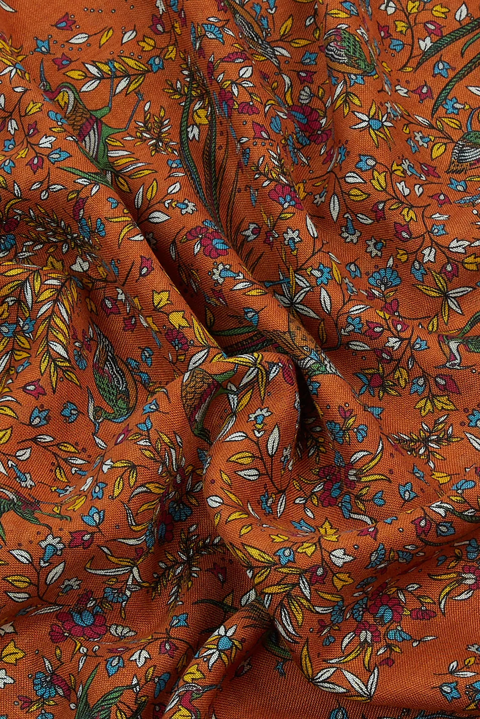 Orange Birds of Paradise Print Tubular Wool Silk Scarf - Image 4