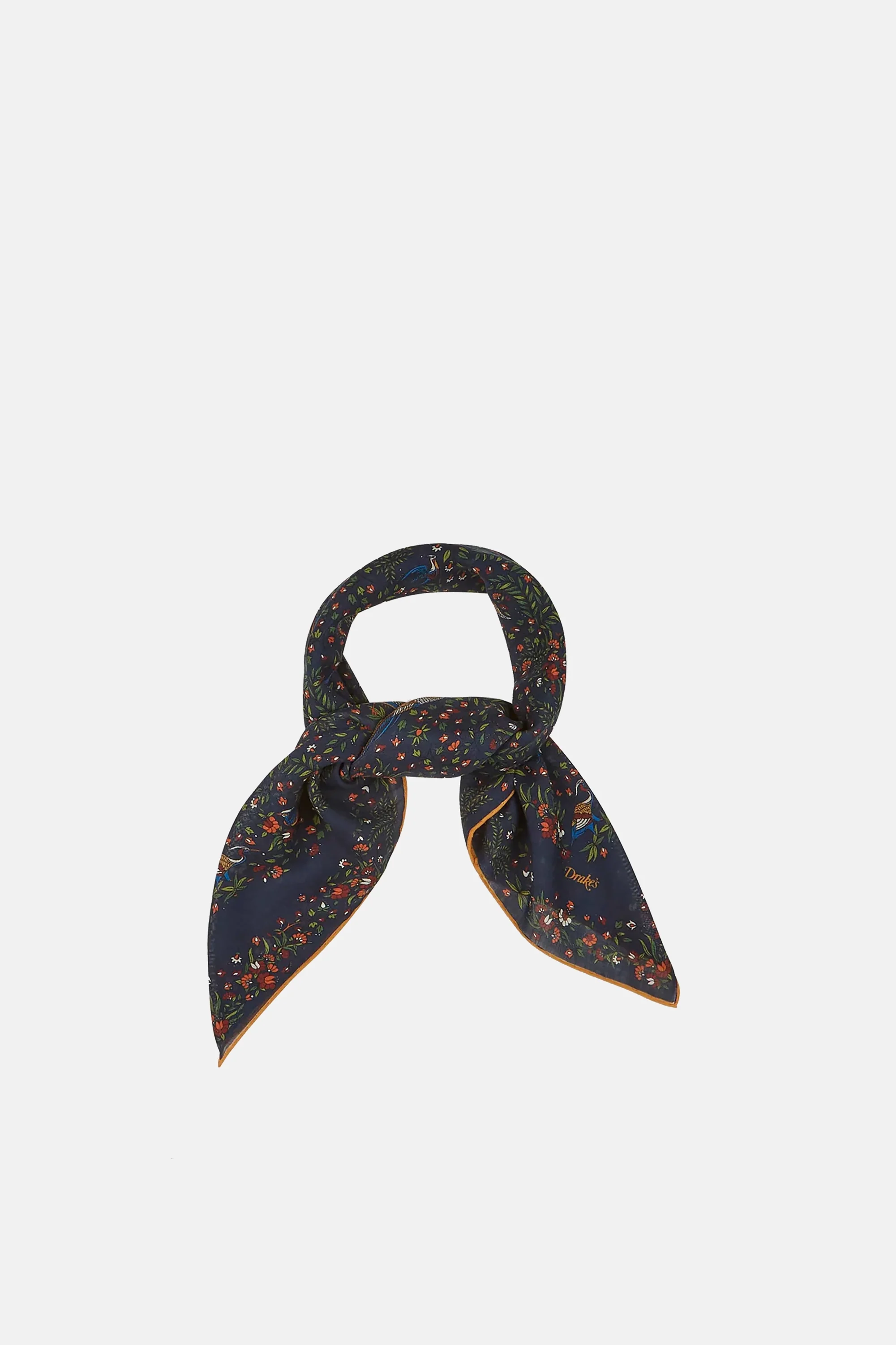 Navy Birds of Paradise Print Wool-Silk Square Scarf
