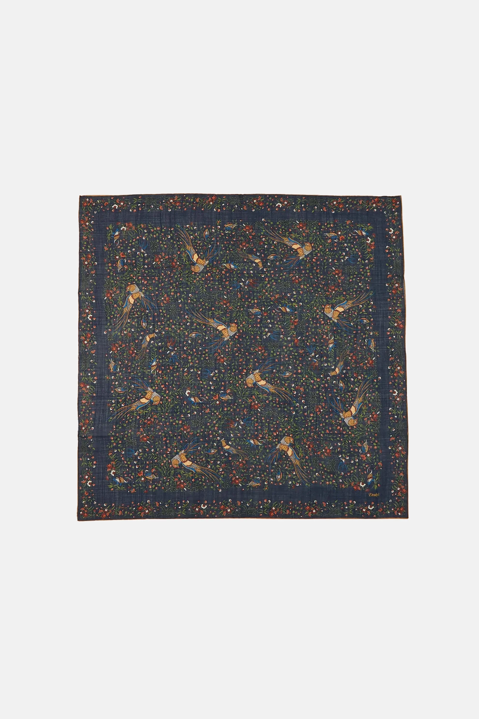 Navy Birds of Paradise Print Wool-Silk Square Scarf - Image 2