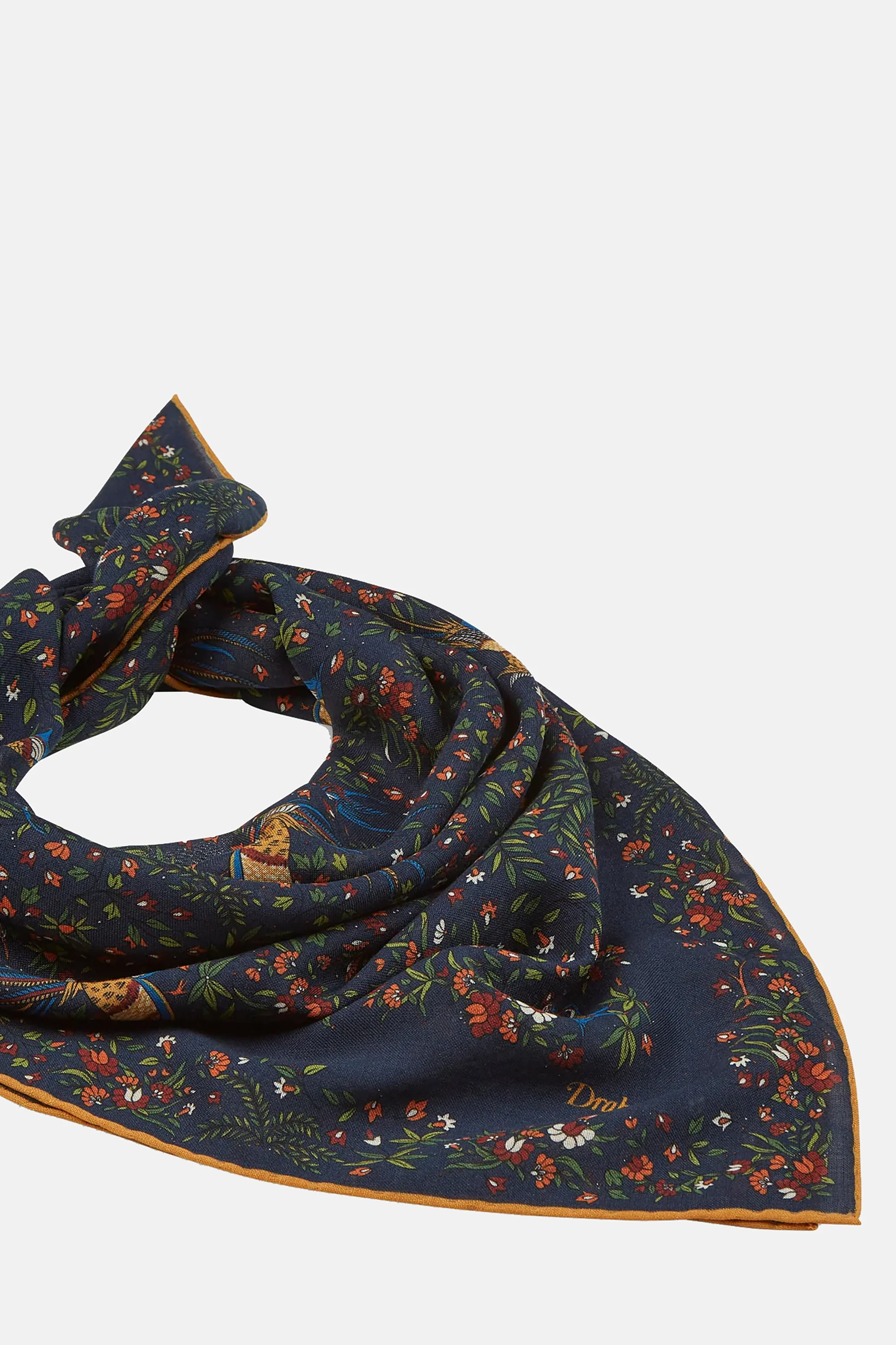Navy Birds of Paradise Print Wool-Silk Square Scarf - Image 5