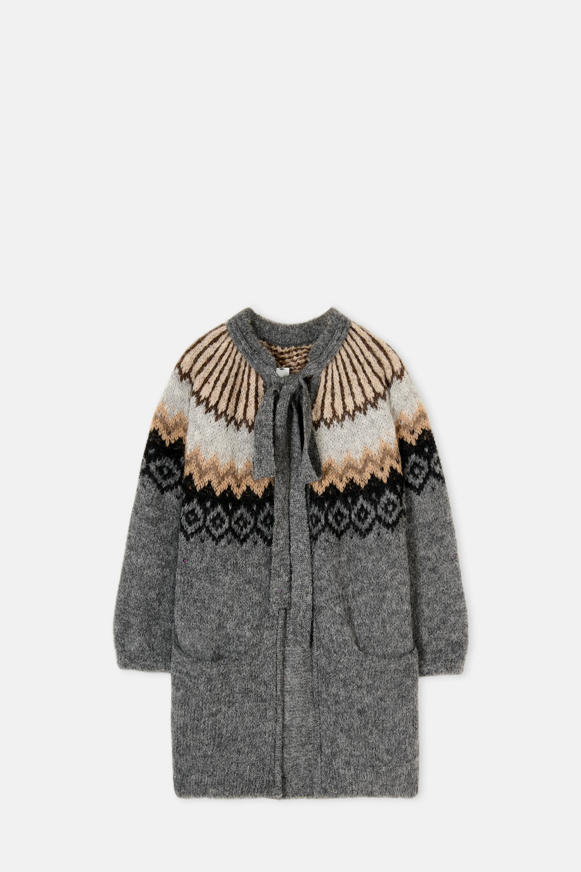 Dark Grey Cardigan With Bow ¾ Sleeves Fairisle