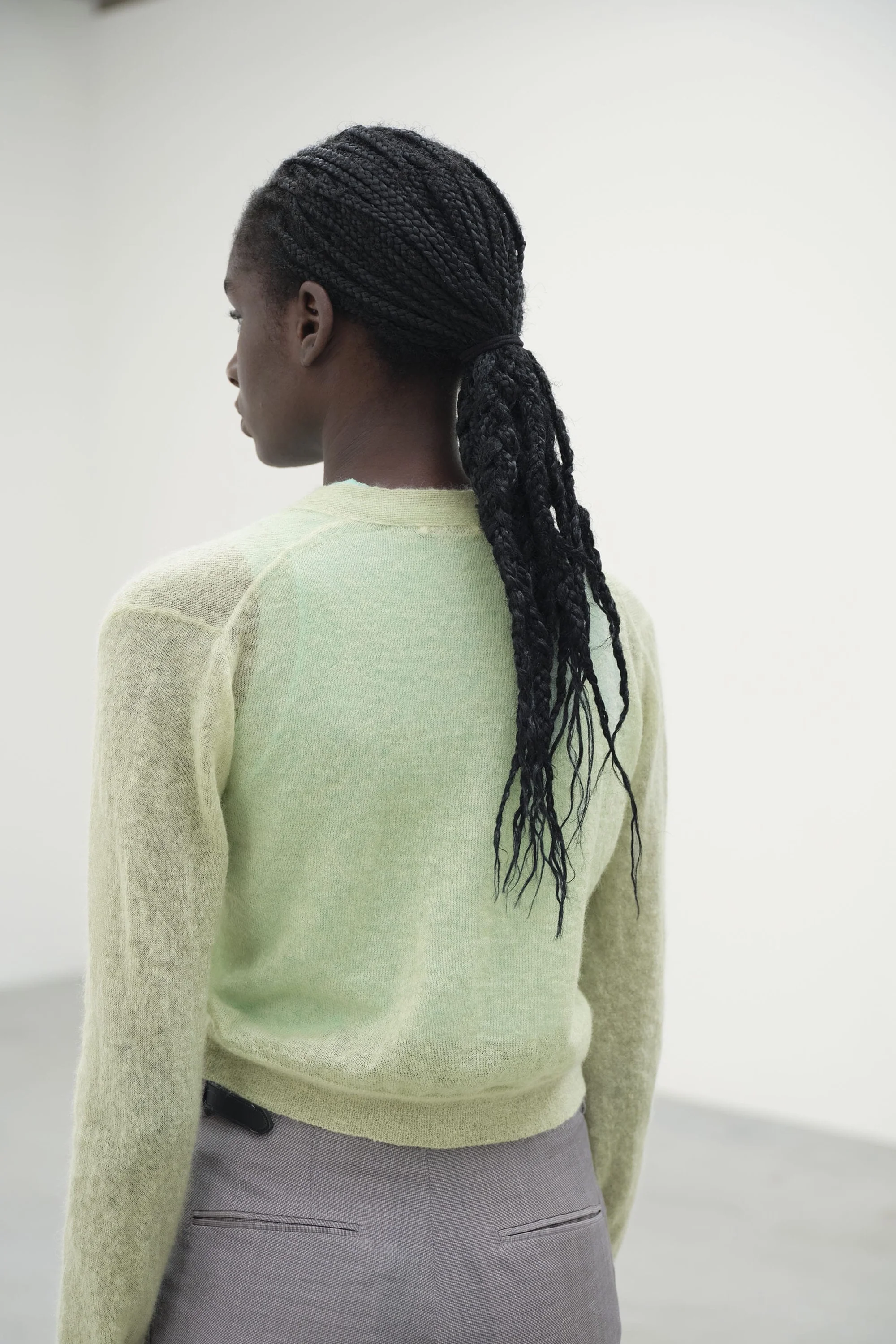 Pale Green Kid Mohair Sheer Knit Cardigan - Image 3