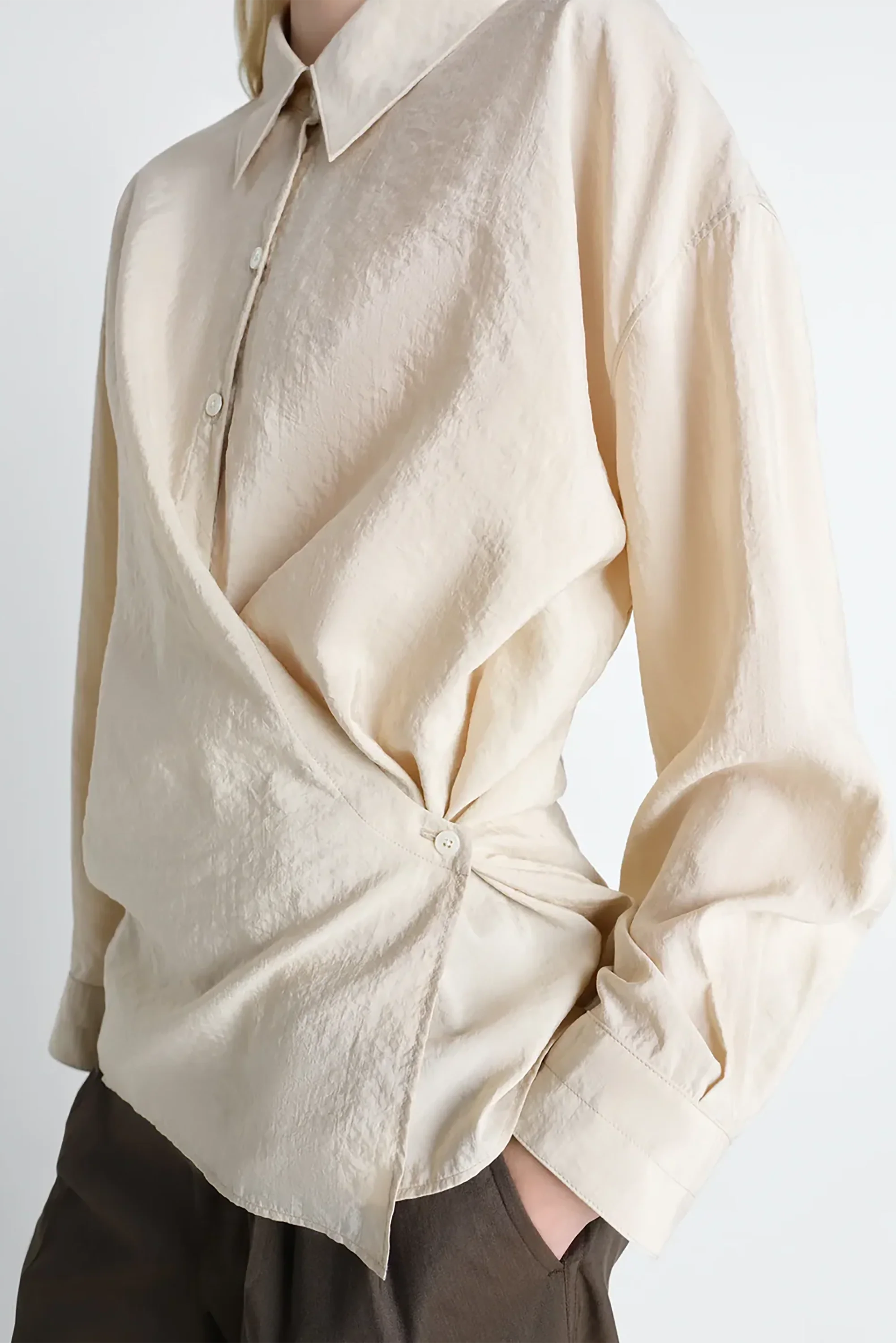 Oat Milk Straight Collar Twisted Shirt - Image 5