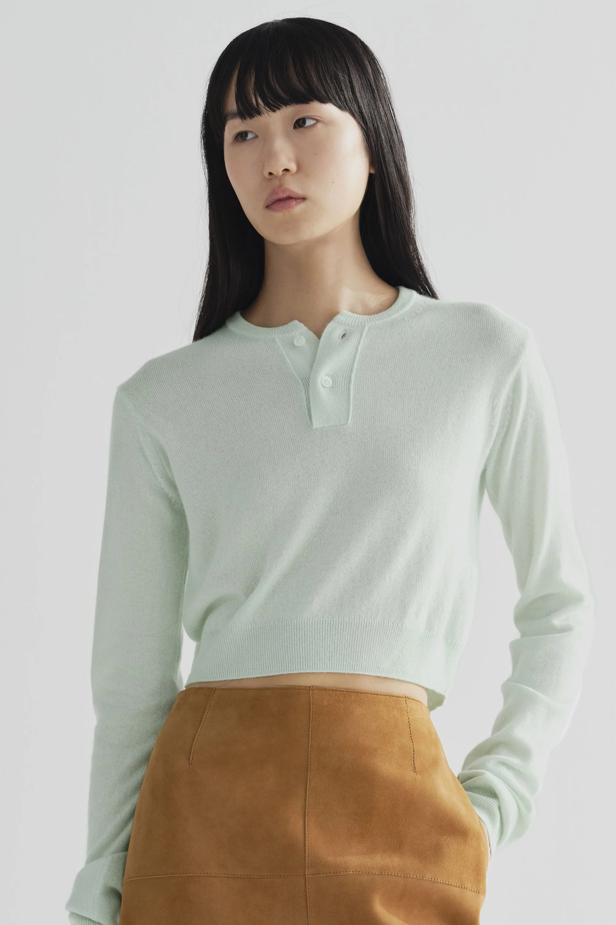 White Green Super Fine Cashmere Silk Knit Henly Neck - Image 4